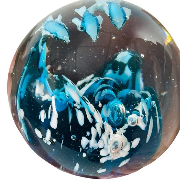 Art Glass Clear Round Paperweight with Controlled Bubbles Waves 3 Blue Dolphins - Picture 7 of 16